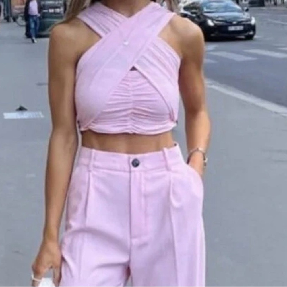Zara PINK MULTIWAY DRAPED KNIT CROP TOP